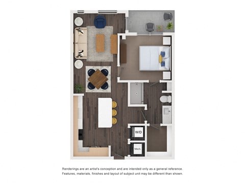 Floor plan for 1 bed, 1 bath, 713 sqft